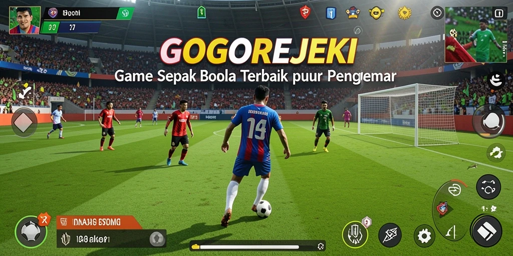 Screenshot gameplay GOGOREJEKI dengan aksi pertandingan sepak bola yang seru.