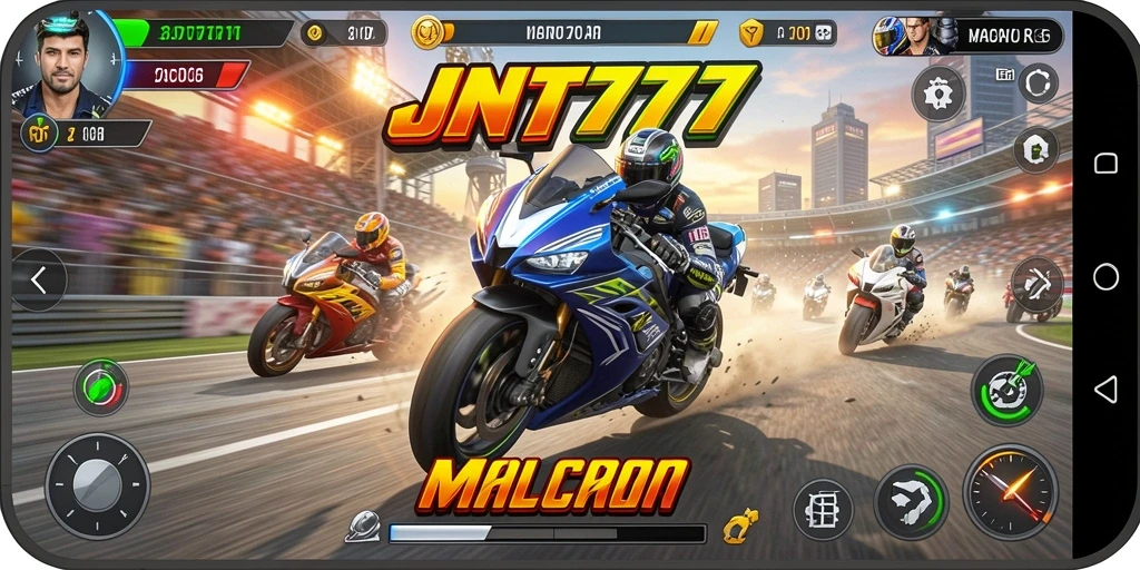 Screenshot utama JNT777 menampilkan aksi balapan motor yang intens dan grafis yang menakjubkan.