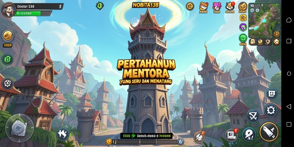 Tangkapan layar utama NOBITA138 menampilkan aksi menara pertahanan yang menantang.