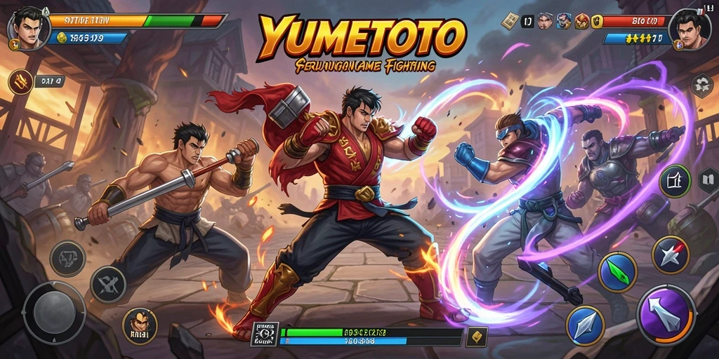 Screenshot YUMETOTO menampilkan pertarungan intens antara dua karakter unik.